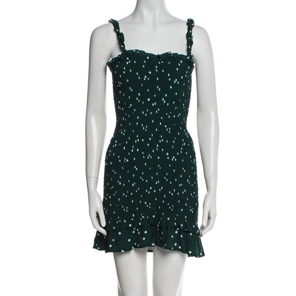 Faithfull the Brand Del Mar Dress Linnea Dot Green Resort Smocked Mini Dress 4 S - Picture 2 of 10